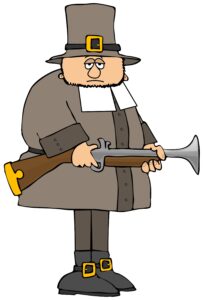 illustration of a colonial era person with a tall hat and musket shotgun