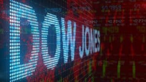 a dow jones computer generated illustration with charts and numbers behind the words, dow jones