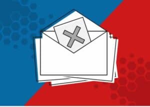 illustration of envelopes on a blue and red split background