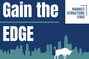 an illustrated image of a city skyline with a bull in the foreground and bold, prominent text reading, gain the edge overlaid and a market structure edge logo in the top right corner
