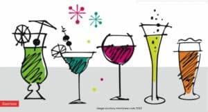 an illustrated image of five drinks of different, vibrant, colors