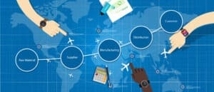 illustration of three hands pointing to images of airplanes on a blueprint style world map